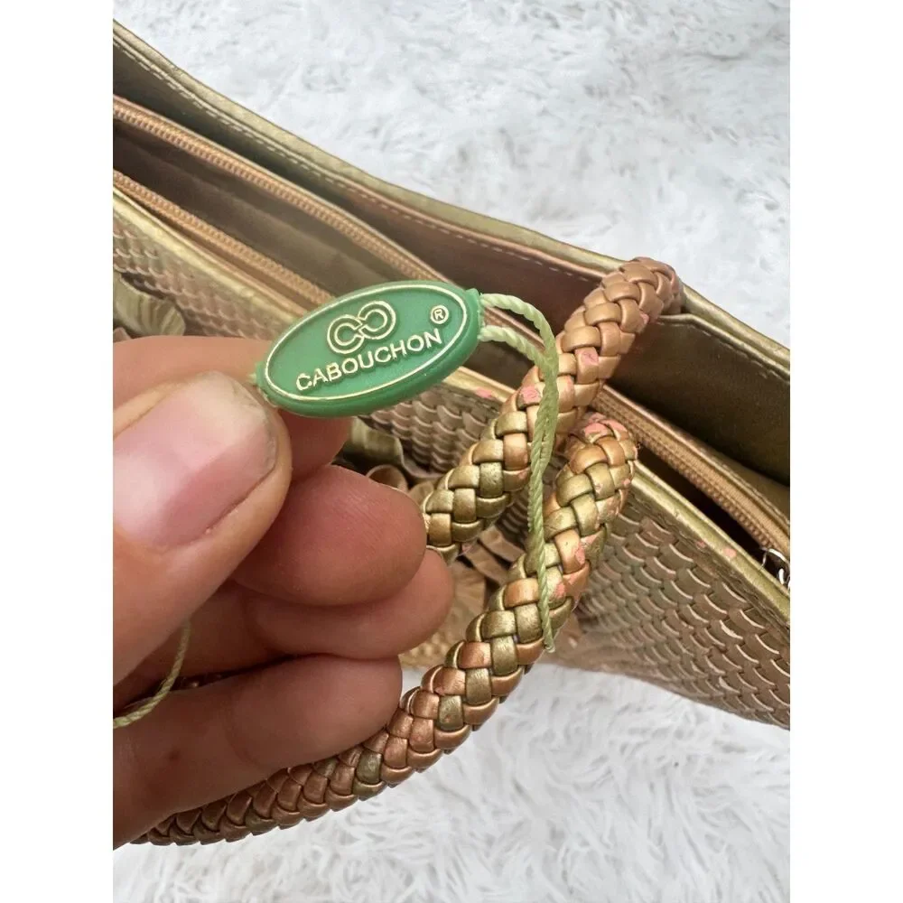 Cabouchon Woven Metallic Gold Leather Tote with Oversized Flower Applique